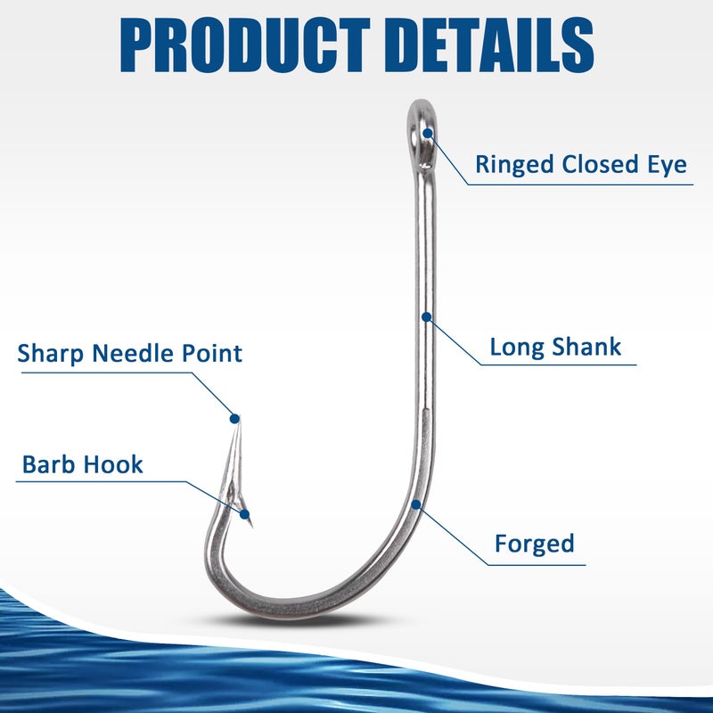 OROOTL Stainless Steel Saltwater Fishing Hooks - 50pcs 34007 O'shaughnessy Hooks Forged Long Shank J Fishing Hooks Extra Strong Metal Fish Hooks Size 1/0-10/0 - Image 2